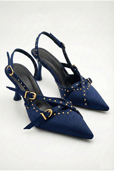 Shoesers Women's Special Design Navy Blue Satin Metal Buckle Accessory Uphols...