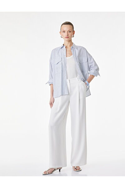Koton Pleated Straight Wide-Leg Trousers with Crepe Fabric Pockets
