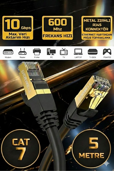 Derwell 5 Metre Yeni Nesil Cat7 Ultra Hızlı Ethernet Kablosu Yüksek Hızlı Gig...