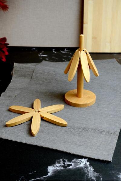 TİNEKE Bamboo Trivet Set with 3 Stands, Heat Resistant Cup and Pot Bottom Fol...