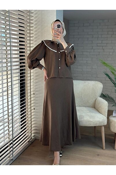 HİJABAYA Pure Linen Skirt and Lace Lettuce Collar Suit Set