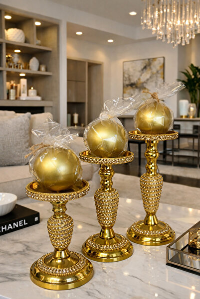 Kadim Vizyon İthal Pirinç Taşlı 3 Boy Mumluk 16cm-20cm-26cm