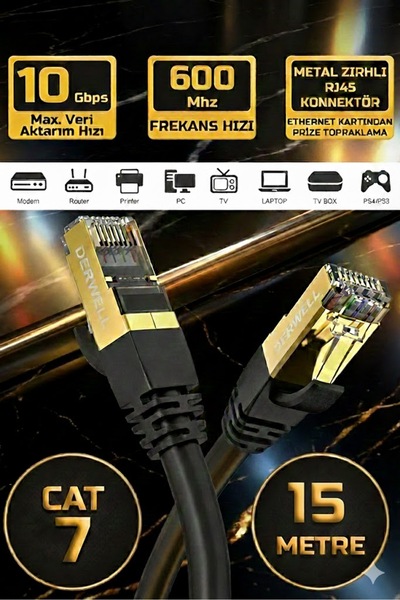 Derwell 15 Metre Yeni Nesil Cat7 Ultra Hızlı Ethernet Kablosu Yüksek Hız Giga...