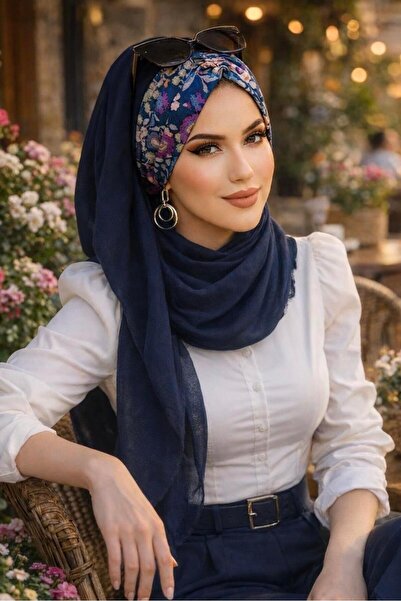 Aişe tesettür Lacivert Çiçek Desen Hazır Şal