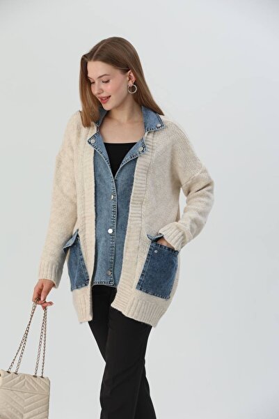 MODA S&S BZLİNE Denim Detailed Oversized Knitwear Cardigan