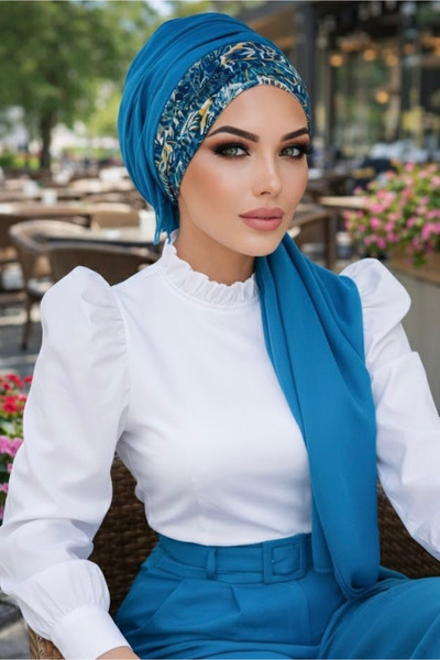 Aişe tesettür Petrol Çiçek Desen Hazır Şal