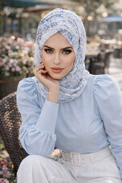 Aişe tesettür Beyaz Mavi Bahar Desen Hazır Şal
