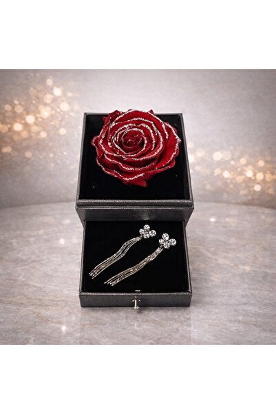 velve Trandafir criogenat in cutiuta cu sertar si cercei eleganti, rosu, Rosu