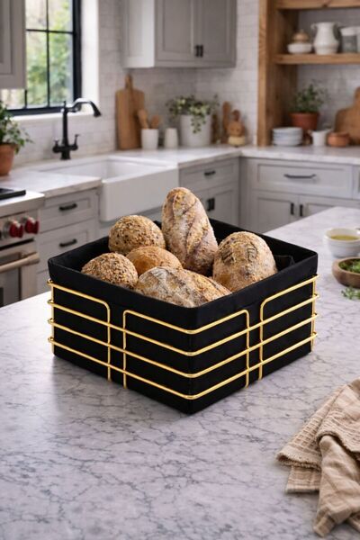 KARTEYA Decorative Square Luxury Stainless Gold Bread Holder Black Fabric Kit...