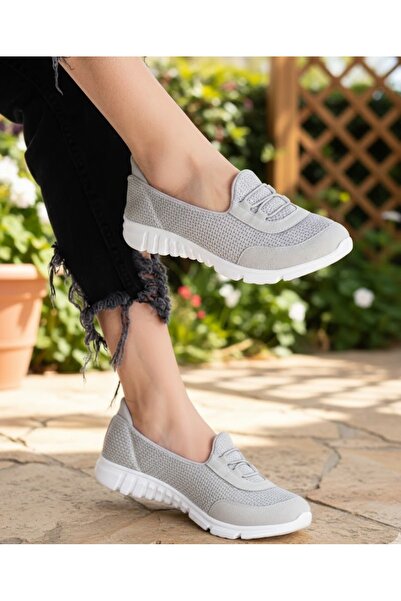 Afilli حذاء رياضي نسائي من القماش اليومي باللون الرمادي والأبيض بدون أربطة مر...