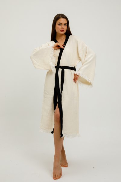 Befera Design Muslin Kimono 100% Cotton Patternless Striped Bathrobe Kaftan Dressing Gown Ecru