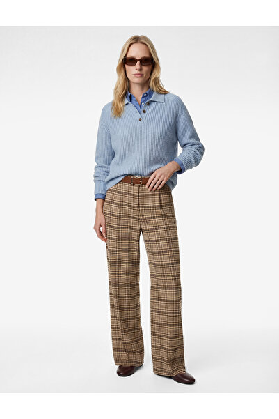 Koton Wide-Leg Plaid Pants with Pockets, Pile Detail, and Belt.