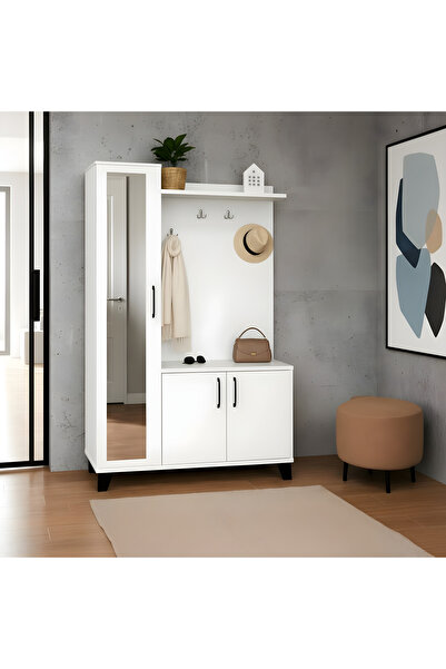 Misterium Loft Aynalı Portmanto ve Askılıklı Vestiyer Takımı - Beyaz