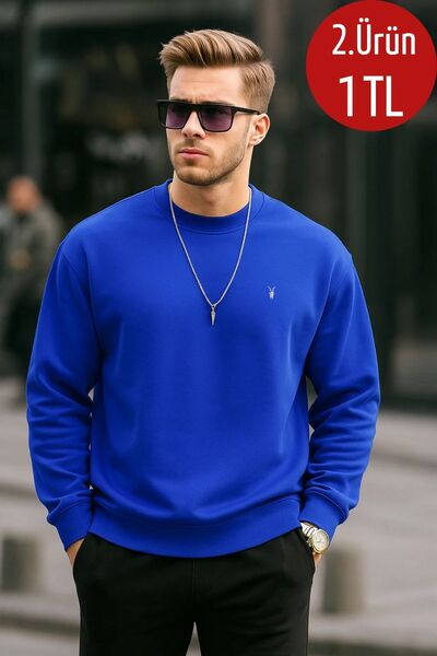 COMBİNE MİCHAİL Modrá pánská mikina Basic Crew Neck Relaxed Regular