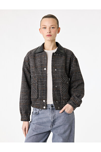 Koton Buttoned Pocket Faux Leather Collar Detailed Crop Plaid Bomber Jacket