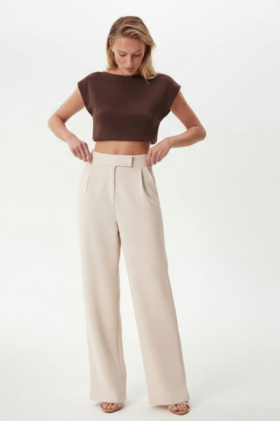 DIANNA Kadın Beli Cırtlı Krem Palazzo Pantolon
