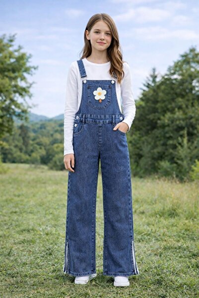 Bilge Trend Çiçek Nakışlı Kız Çocuk Kot Salopet