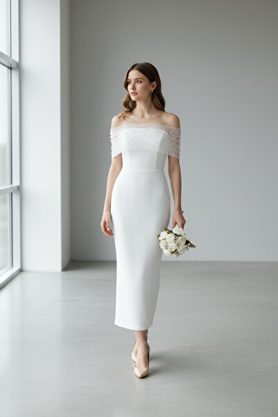 ENDAMIM İnci Detaylı Straplez Nikah Elbisesi Omzu Açık, Slim Kalıp, Beyaz Abiye