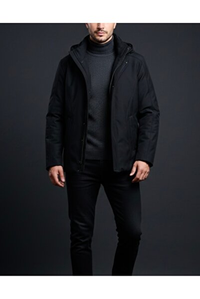 SAVARA Erkek kışlık kalın su geçirmez kapşonlu siyah mont içi kürklü rahat kesim