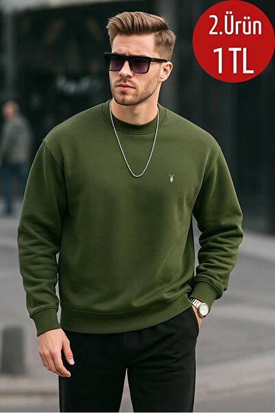 COMBİNE MİCHAİL Haki Renk Basic Bisiklet Yaka Relaxed Regular Erkek Sweatshirt