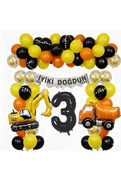 Işıltı Balon Dükkanı İnşaat Temalı Doğum Günü Balon Seti – İş Makinesi & Kamy...
