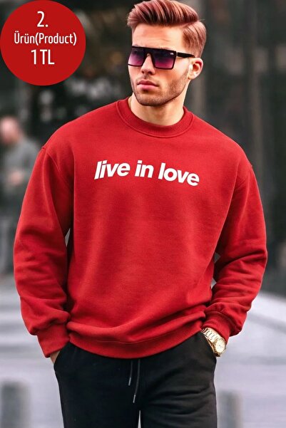 COMBİNE MİCHAİL Written Design Cotton Casual Men's Red Sweatshirt