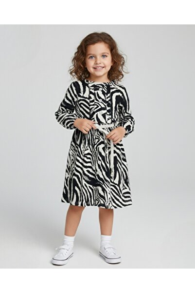 Ege Bebek فستان بناتي من قماش زيبرا بومبوم موسمي 5-12 صيفي بأكمام