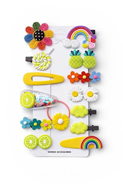 SHEKER HOME Kız Çocuk Sarı Pens/Çıtçıt Toka Seti 14 Adet – Karışık Figürlü Sa...