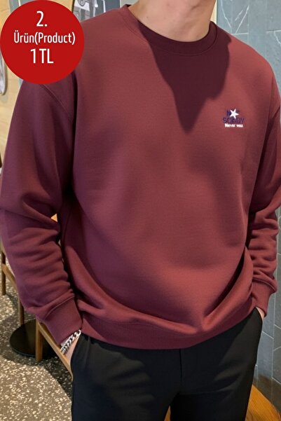 COMBİNE MİCHAİL Erkek Sorry Never Baskılı Bordo Sweatshirt