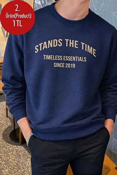 COMBİNE MİCHAİL Erkek Stands The Time Baskılı Oversize Bisiklet Yaka Lacivert...