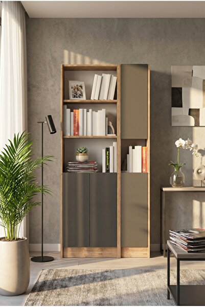 YETİ MOBİLYA Flat85 Kitaplık 4 Kapaklı Kütüphane Çok Amaçlı Dolap Çam Antrasit