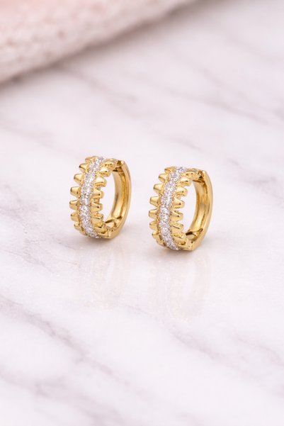 Stelo Forte Stone Striped Gold Steel Hoop Earrings