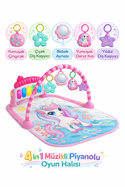 a v d a 4 in 1 Unicorn Müzikli Bebek Oyun Halısı — Piyano Setli, Aynalı ve Di...