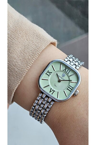 Raymond RYM-211503 RETRO KARE ÇELİK KADIN KOL SAATİ - 2 YIL GARANTİ GÜMÜŞ-YEŞİL