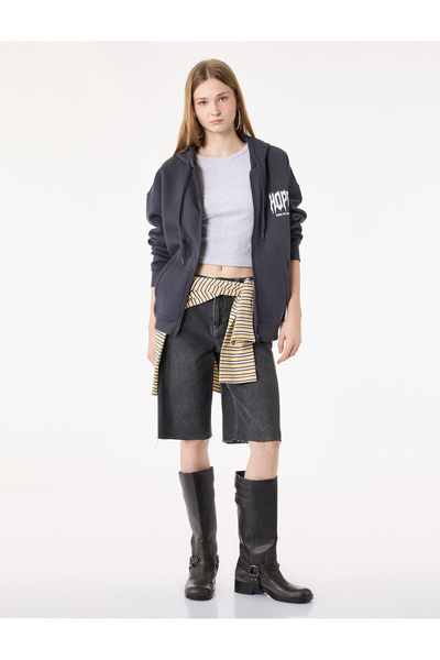 Koton Hooded Oversized Sweatshirt with Printed Pockets on the Back and Zipper