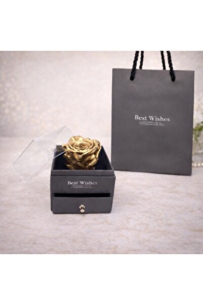 velve Cutie tip sertar cu trandafir criogenat auriu si punga cadou, Auriu