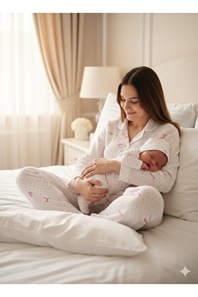 İpek Mother and Baby's First Sleep Bow Pattern Mother's Long Sleeve Pajama Se...