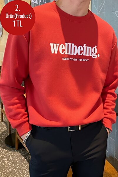 COMBİNE MİCHAİL Wellbeing Themed Printed Men's Red Sweatshirt