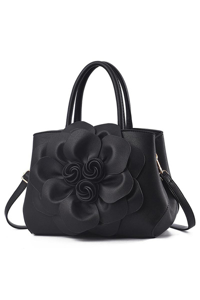 OEM Γυναικεία Τσάντα με λουλούδι, - Δερμάτινο, μαύρη