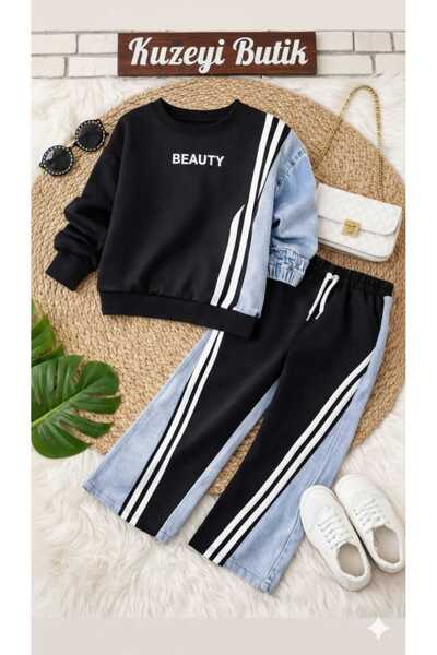 Kuzeyi Butik Kız çocuk geniş paça 2 iplik şeritli kot detaylı ikili kombin ba...