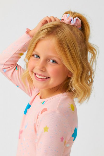 bunny hopp Rainbow Patterned 100% Cotton Girls' Pajama Set - Seasonal Set with Buckle Accessories