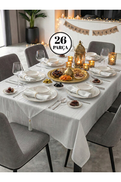 bursa çeyiz Izur Colber Tablecloth Set for 12 Persons 26 Pieces ECRU