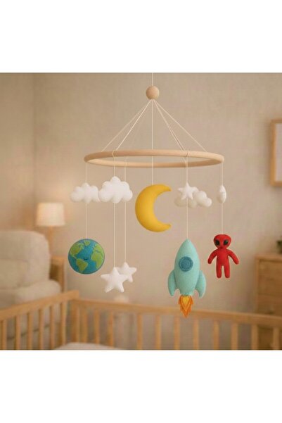 keçedekorr Bebek beşik dönencesi uzay temalı (uzaylı, uzay roketi, dünya ve a...
