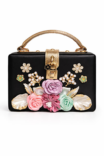 ZERVA QUEEN Black Handbag with Floral Relief - Imported Special Design Hand a...
