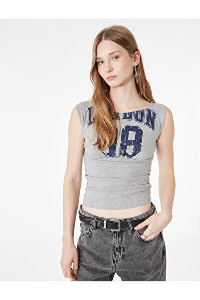 Koton Cotton Side Draped Round Neck Printed Zero Sleeve T-Shirt