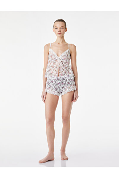 Koton Άνετο τοπ πιτζάμας με λουλουδάτο σχέδιο, λαιμόκοψη V και δαντέλα