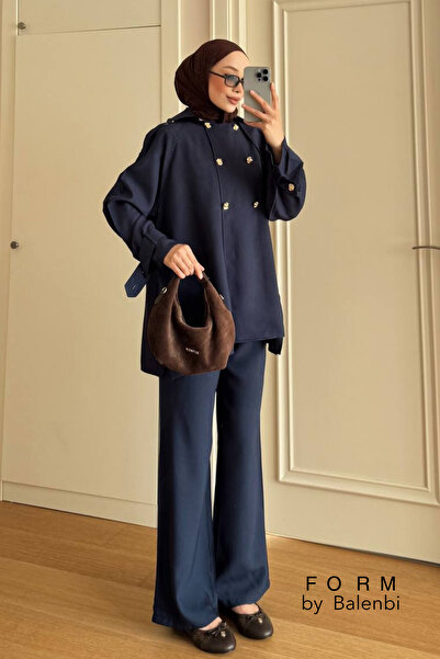 Balenbi Double-Breasted Collar Double Button Detailed Hijab Women's Woven Sui...