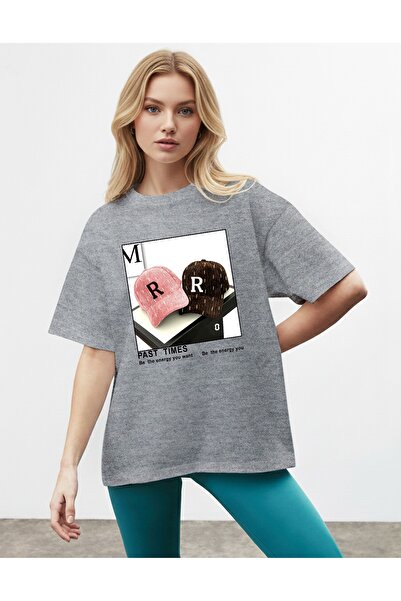 caddekombin Pălărie retro pentru femei cu imprimeu cu gât rotund gri tricou