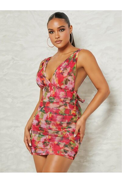 EFİL EFİL Kadın Kırmızı Bacak Dekolteli Fiyonklu Dantelli Tül Gecelik Yırtmaç...