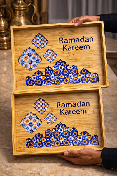 LUXURIOUS TRAY Elegant Ramadan Wooden Tray Set with Glass Base